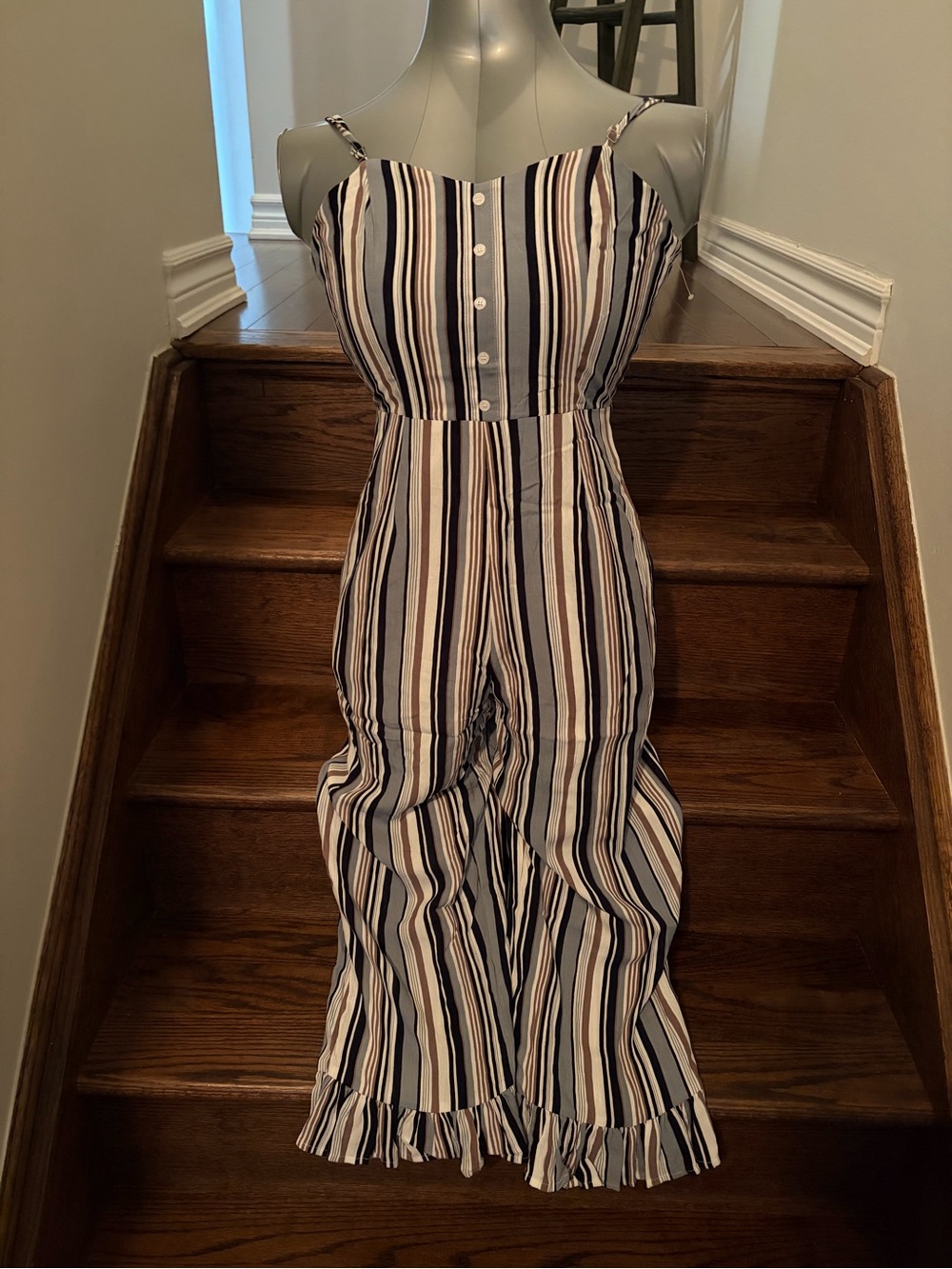 Everly Navy, White & Tan Striped Spaghetti-Strap Jumpsuit